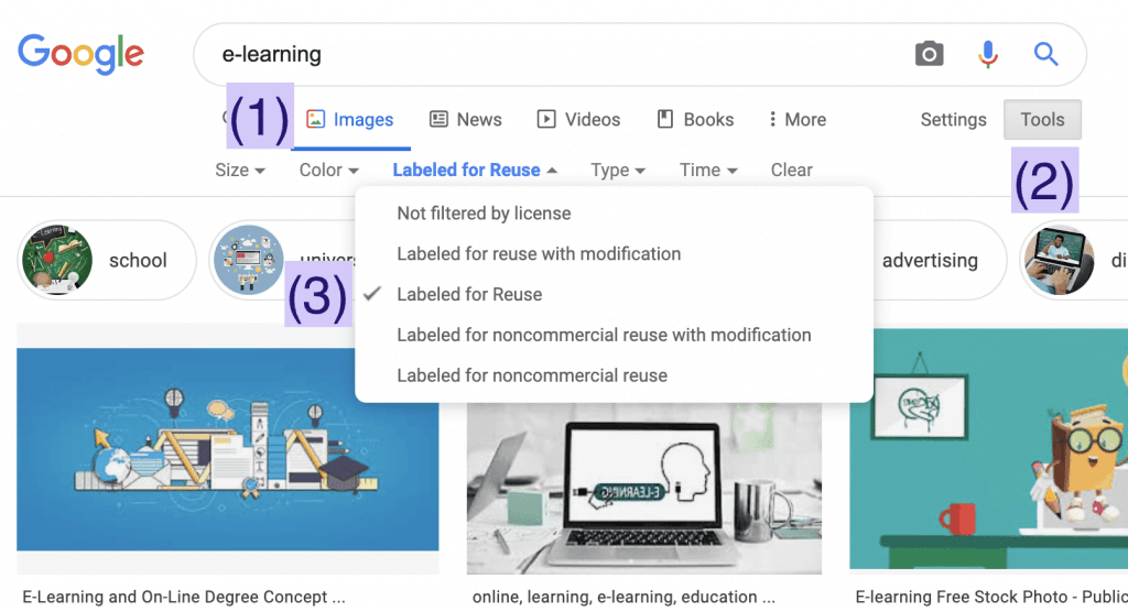 Image showing how to search for images that are labelled for reuse on Google Image Search