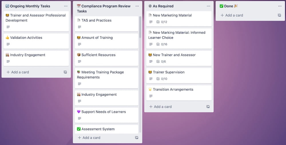 Trello used as a tool to manager RTO compliance