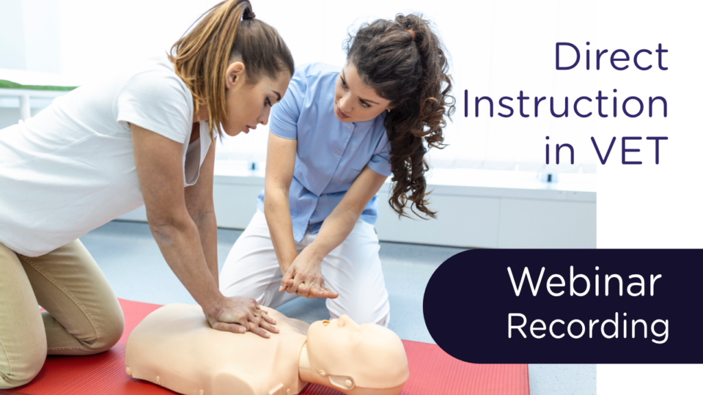 Direct Instruction in VET picture of CPR teaching of a TAE qualified VET trainer. Webinar Recording.