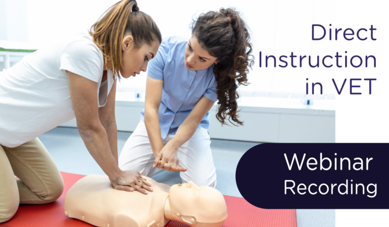 Direct Instruction in VET picture of CPR teaching of a TAE qualified VET trainer. Webinar Recording.